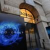 The logo of Iveco Group is seen outside the Milan Bourse (Italian stock exchange) on the day truckmaker Iveco Group starts trading there, in Milan, Italy, January 3, 2022. REUTERS/Daniele Mascolo/File Photo